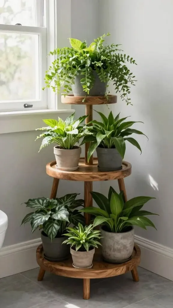 The wooden tone planter stand for living room use crafted from wood in brown light finish