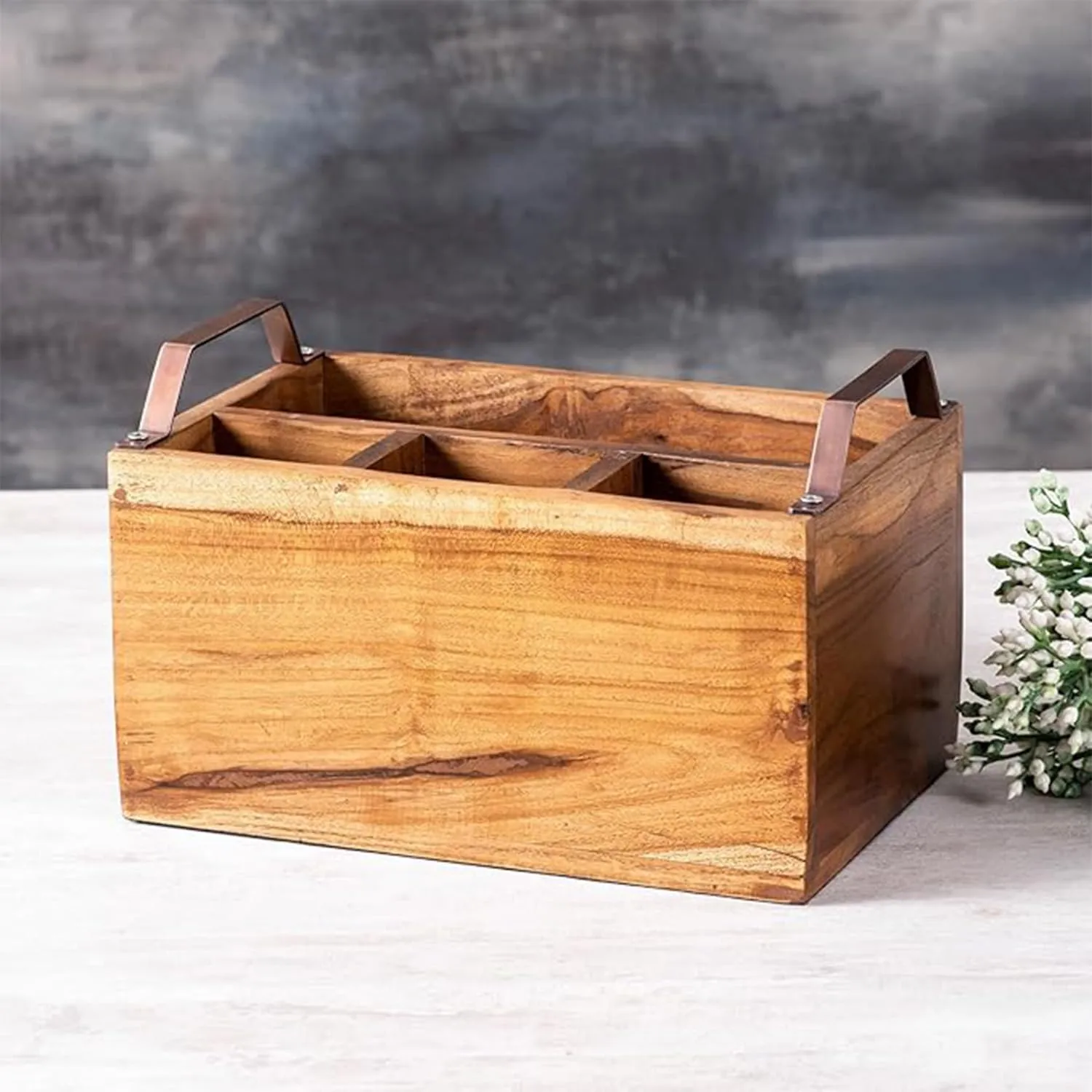 The wooden tone cutlery holder for kitchen use crafted from wood and iron in natural and golden light finish
