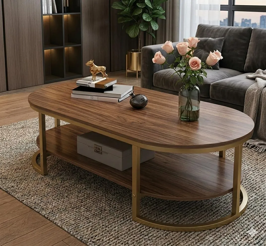 The wooden tone center table for living room use crafted from engineered wood and iron in brown and golden light finish