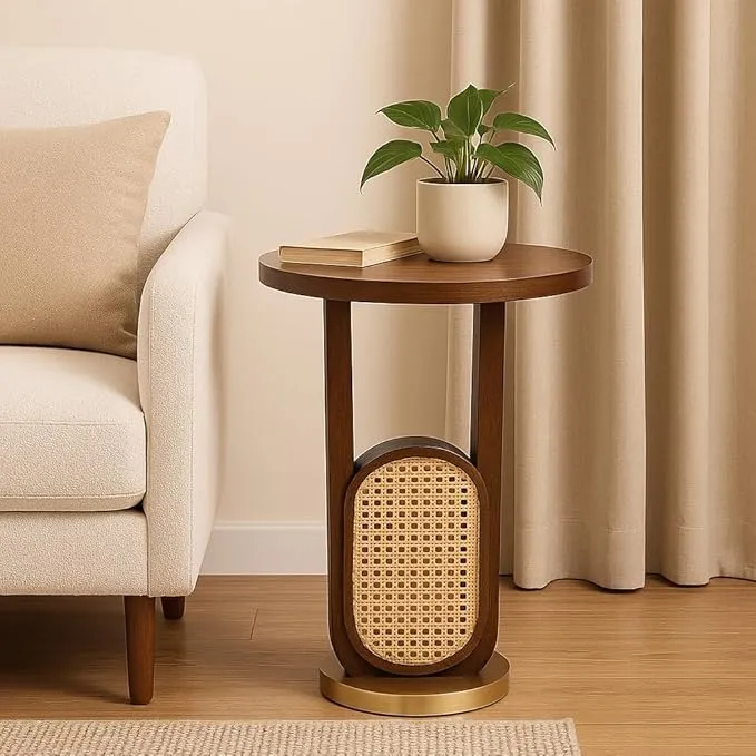 The Wooden Tone U Shape Foldable Coffee Table for Living Room crafted from wood and cane work in walnut finish ideal for serving decor and flexible daily use