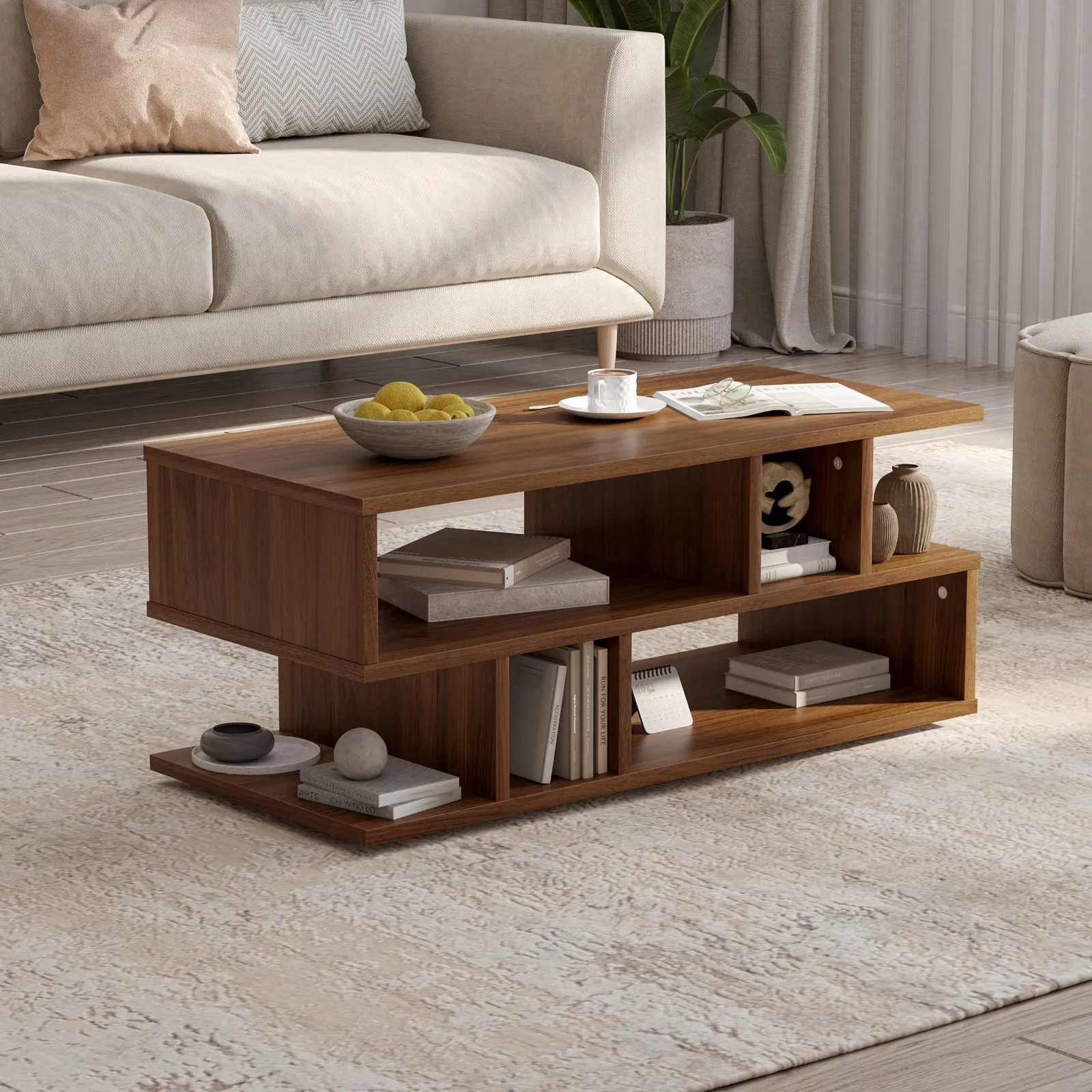 The Wooden Tone Coffee Table for Living Room Use Made with Solid Wood in Columbian Walnut Color