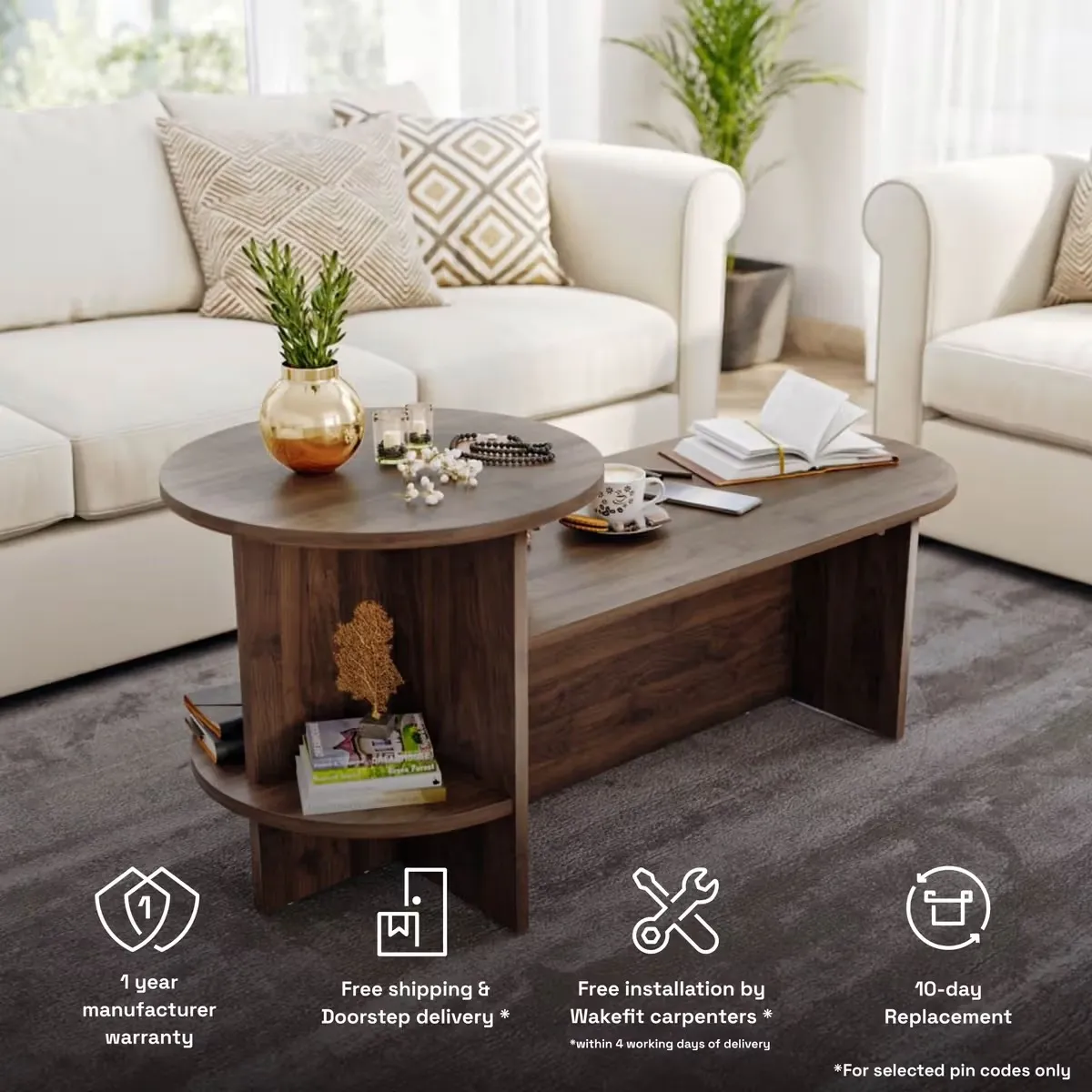 The Wooden Tone Coffee Table with Storage Shelves for Living Room Use Made with Solid Wood in Columbian Walnut Color