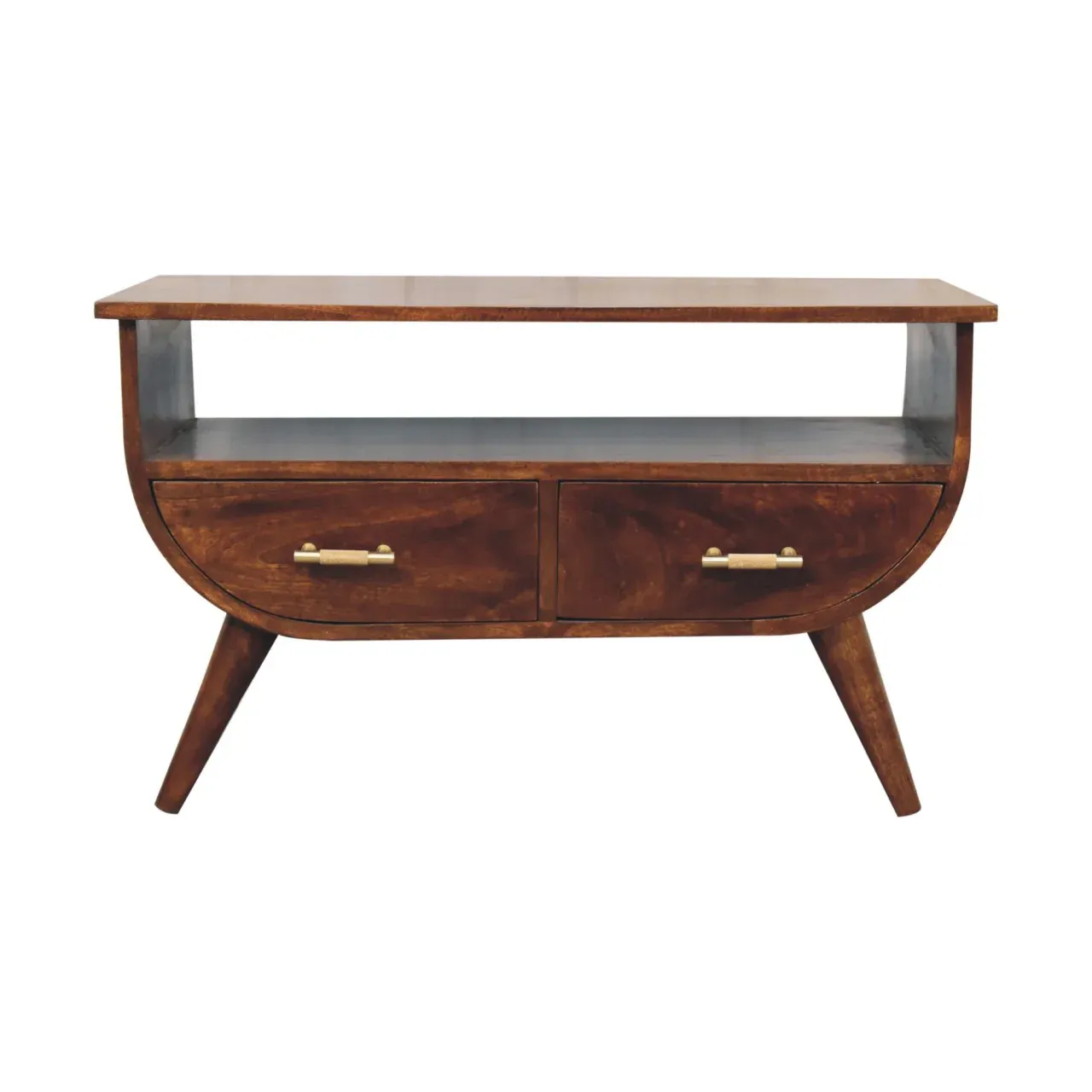 The Wooden Tone Coffee Table with Drawers and Shelf for Living Room Use Made with Solid Wood in Brown Color
