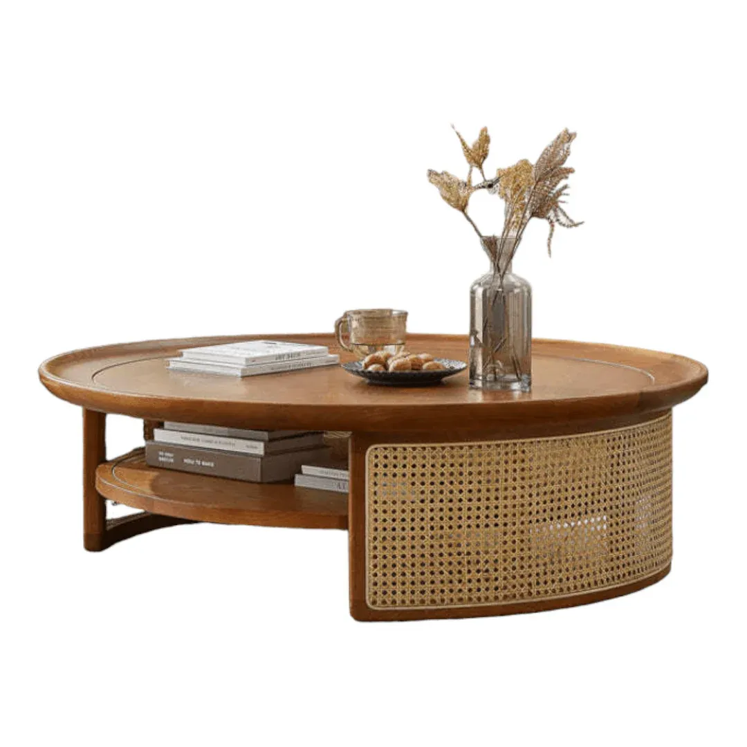 The wooden tone coffee table for living room use crafted from wood and cane in natural finish