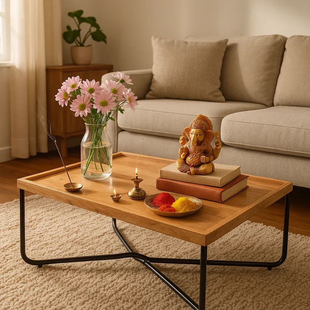 The Wooden Tone Center Table for living room use crafted in solid wood for daily coffee and decor needs