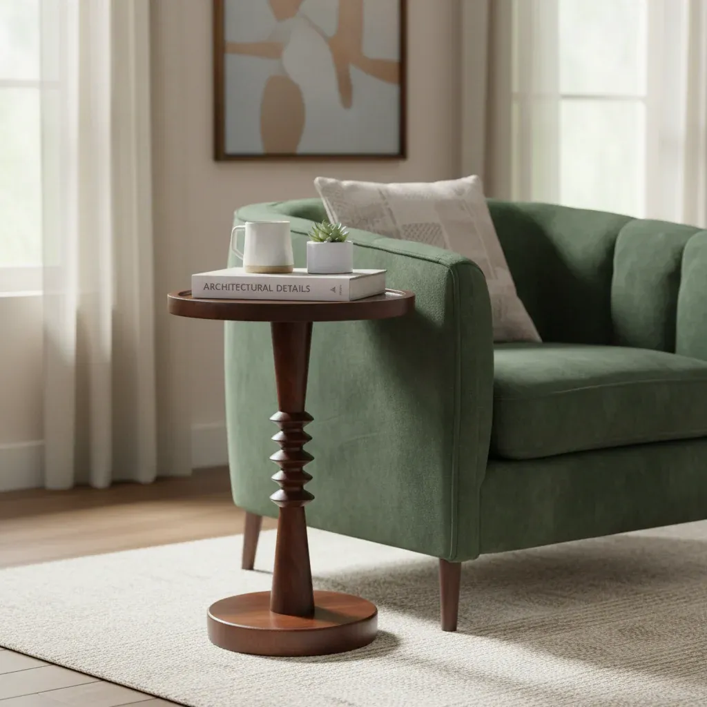 The Wooden Tone Side Table for living room use crafted in solid teak wood round design for daily utility and decor