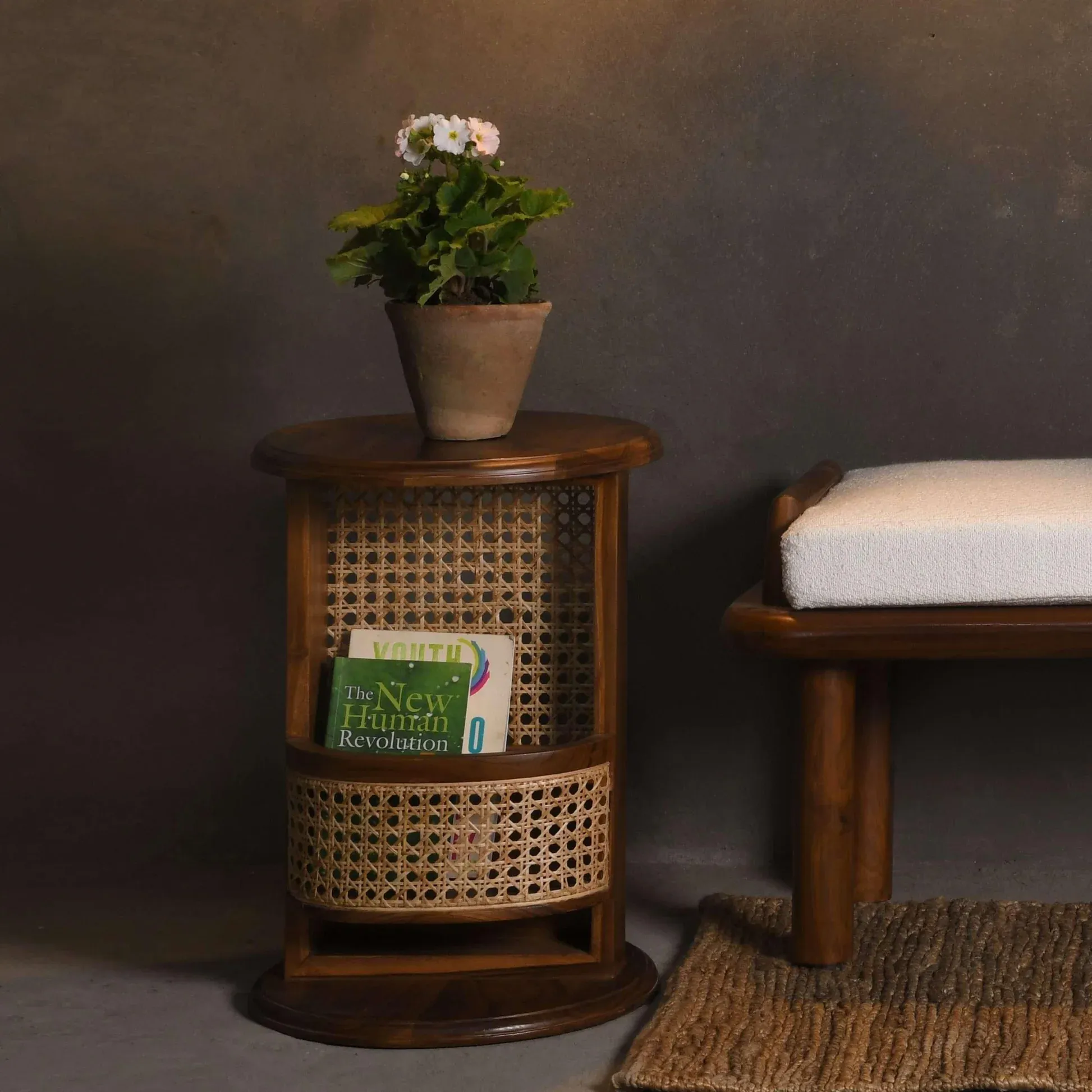 The Wooden Tone Wood Side Table for living room use crafted from durable wood and cane material