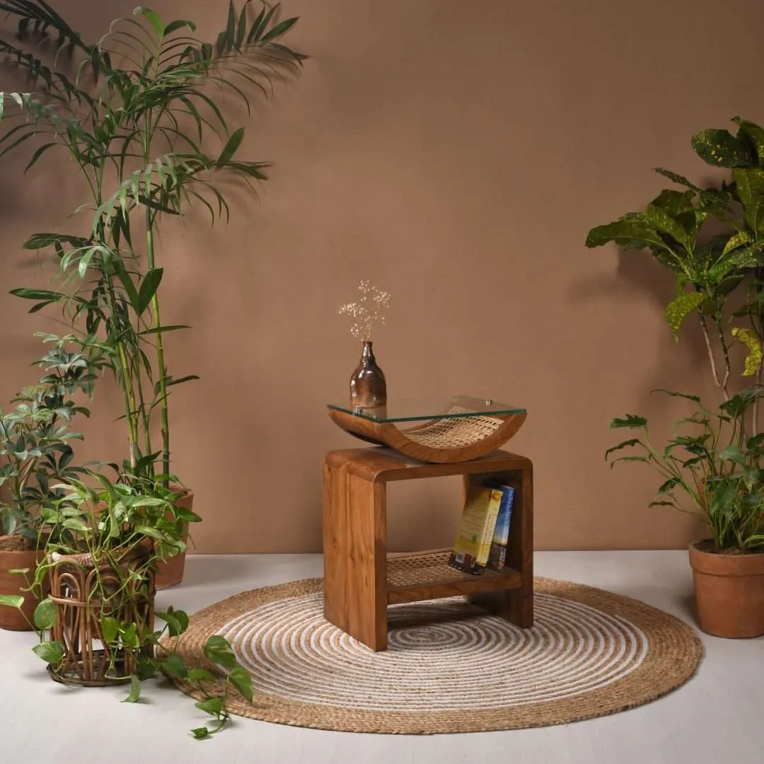 The Wooden Tone Bedside Table for bedroom storage use crafted from durable wood and cane material