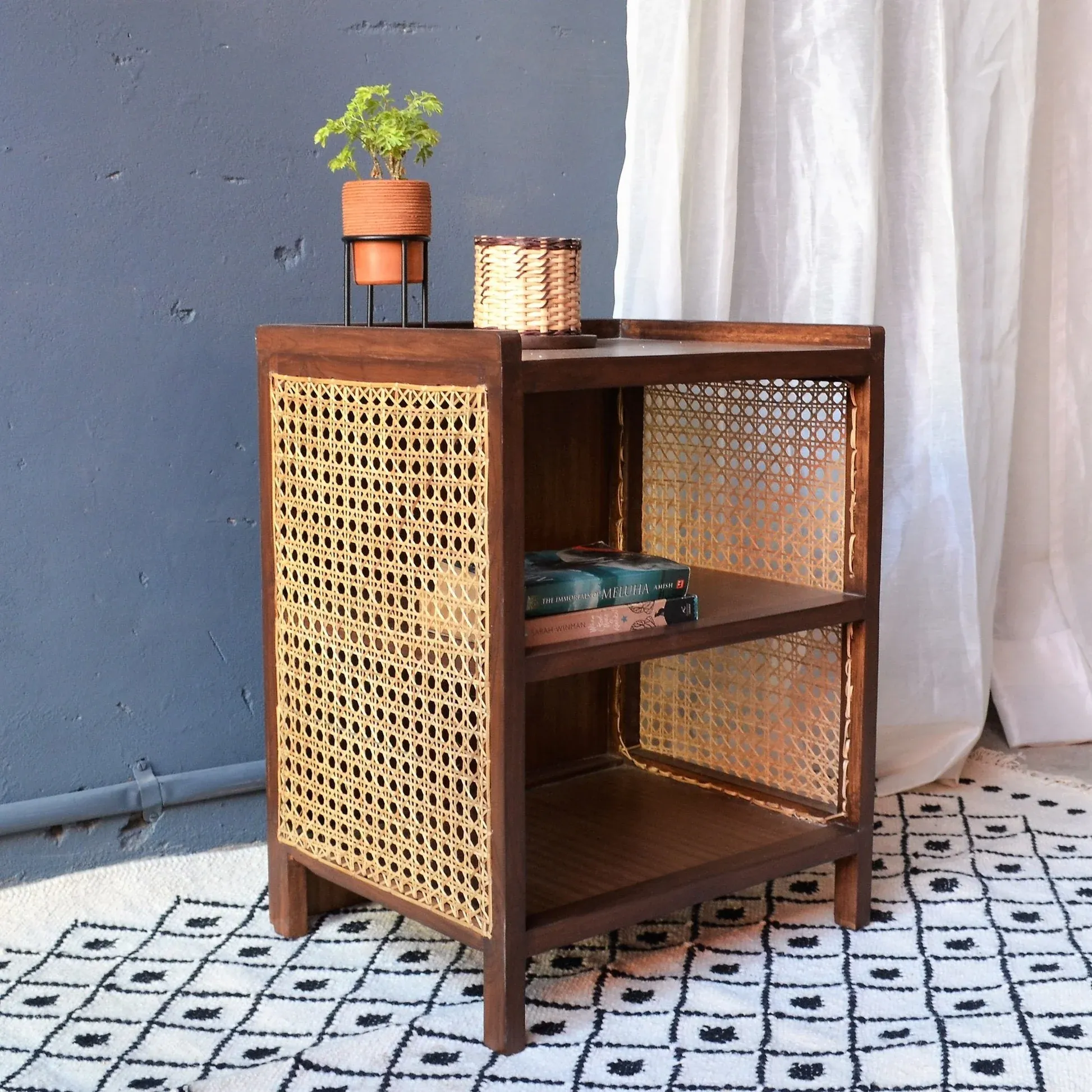The Wooden Tone Cane Side Table for everyday use crafted from durable wood and cane material