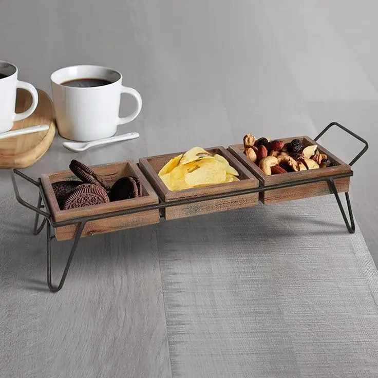 Wooden Serving Tray 3 Compartment Snack Tray with Iron Base for Tea Coffee Snacks Organizer Brown Wood Material Durable Serving Platter for Home Kitchen Dining Table Stylish Storage Solution daily