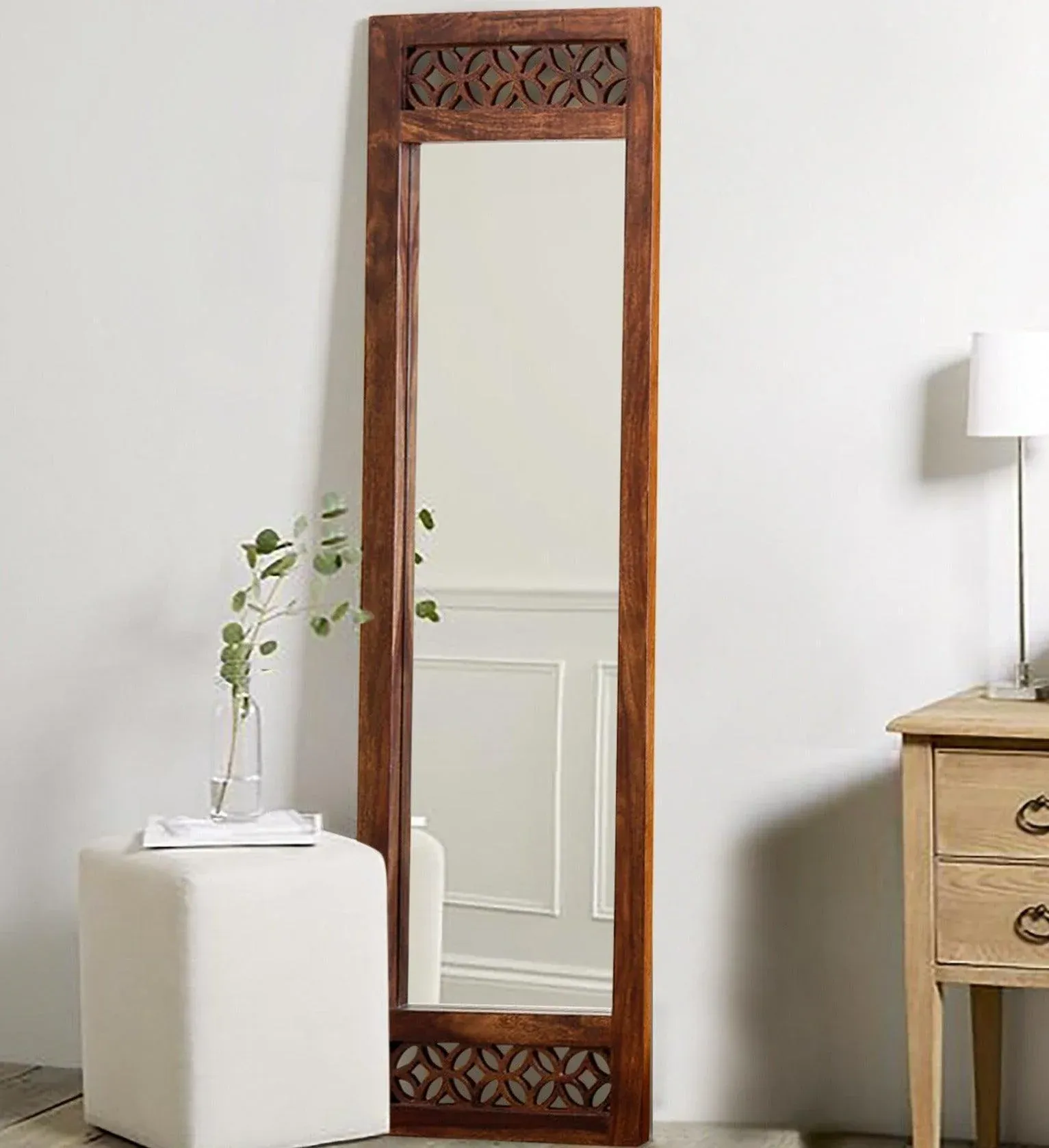 The Wooden Tone Solid Wood Floor Rested Mirror for dressing use crafted from durable wood material