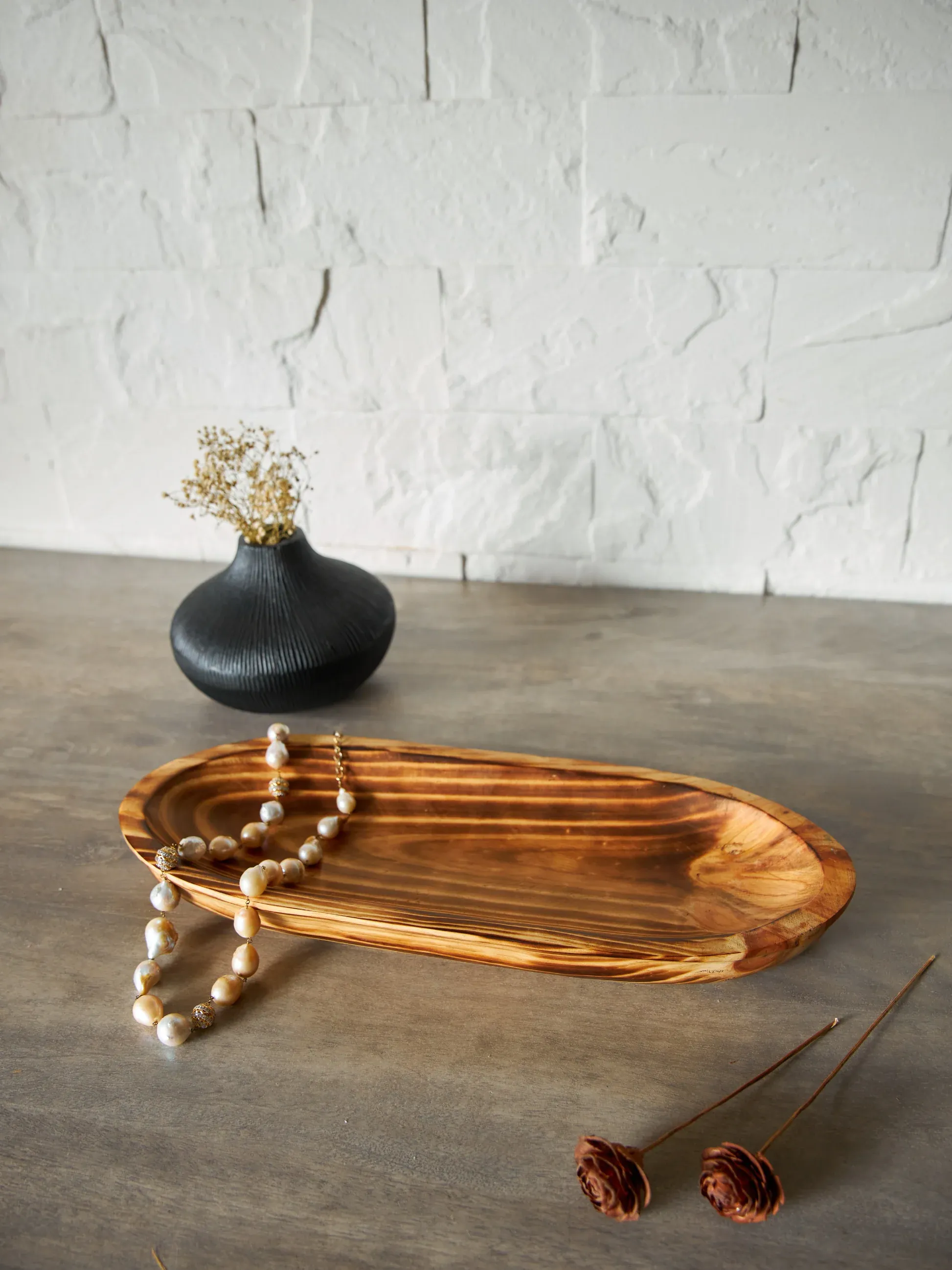 The Wooden Tone Boat Shape Serving Tray for Dining Use Crafted from Durable Wood in Natural Light Finish