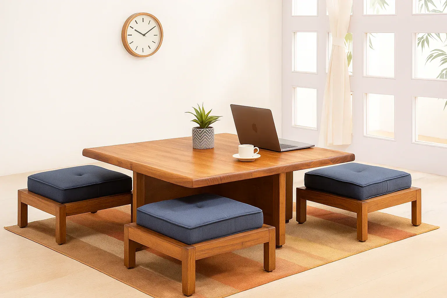 The Wooden Tone 4 Seater Coffee Table for Living Room Use Crafted from Wood and Cushion in Natural and Navy Blue Finish
