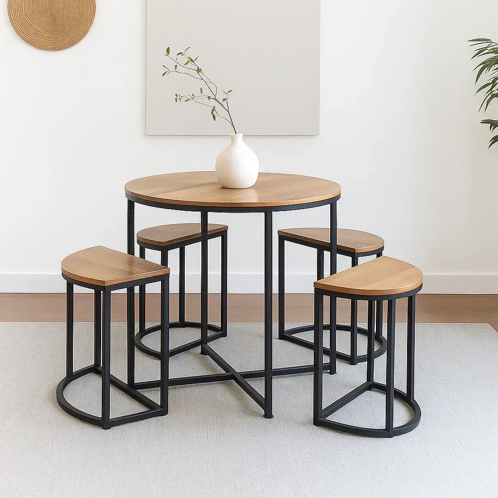 The Wooden Tone Coffee Table for Living Room Use with 4 Seating Crafted from Wood and Iron in Natural and Black Cushion Finish