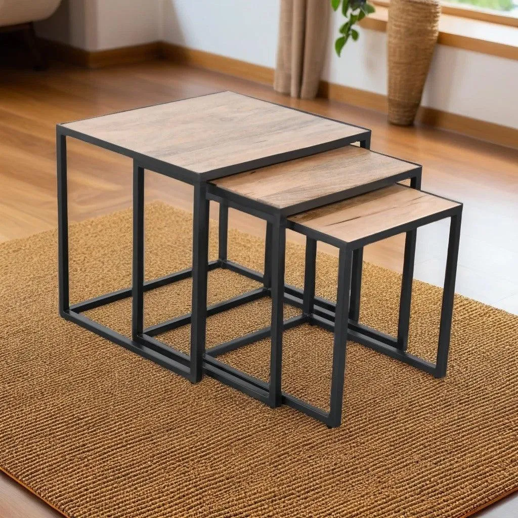 The Wooden Tone Nesting Tables for Living Room Use Crafted from Mango Wood and Iron in Natural Finish