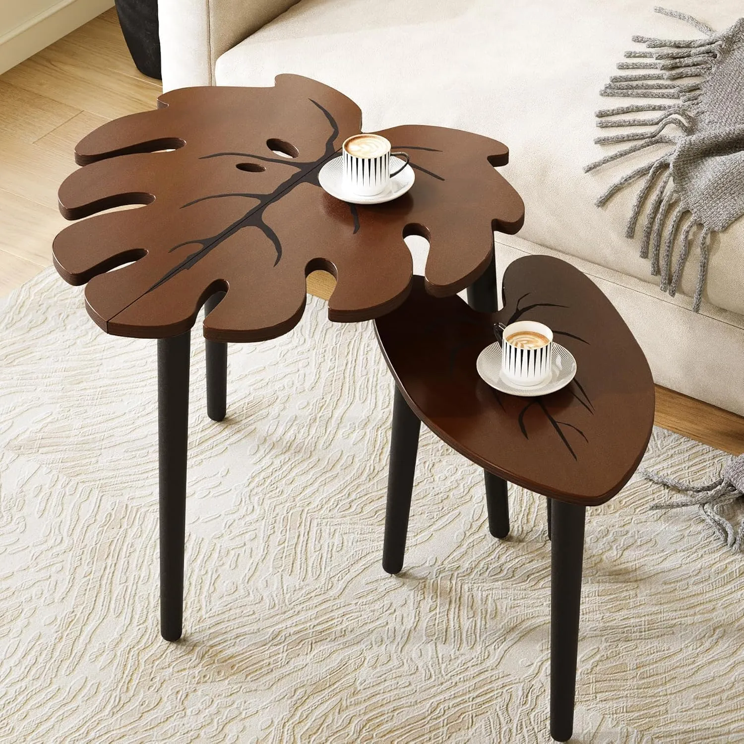 Wooden Coffee Table Set of 2 Foldable Leaf Shape Table for Living Room Tea Snacks Use Natural Wood Material Space Saving Design Durable Compact Side Tables for Home Furniture Daily Use