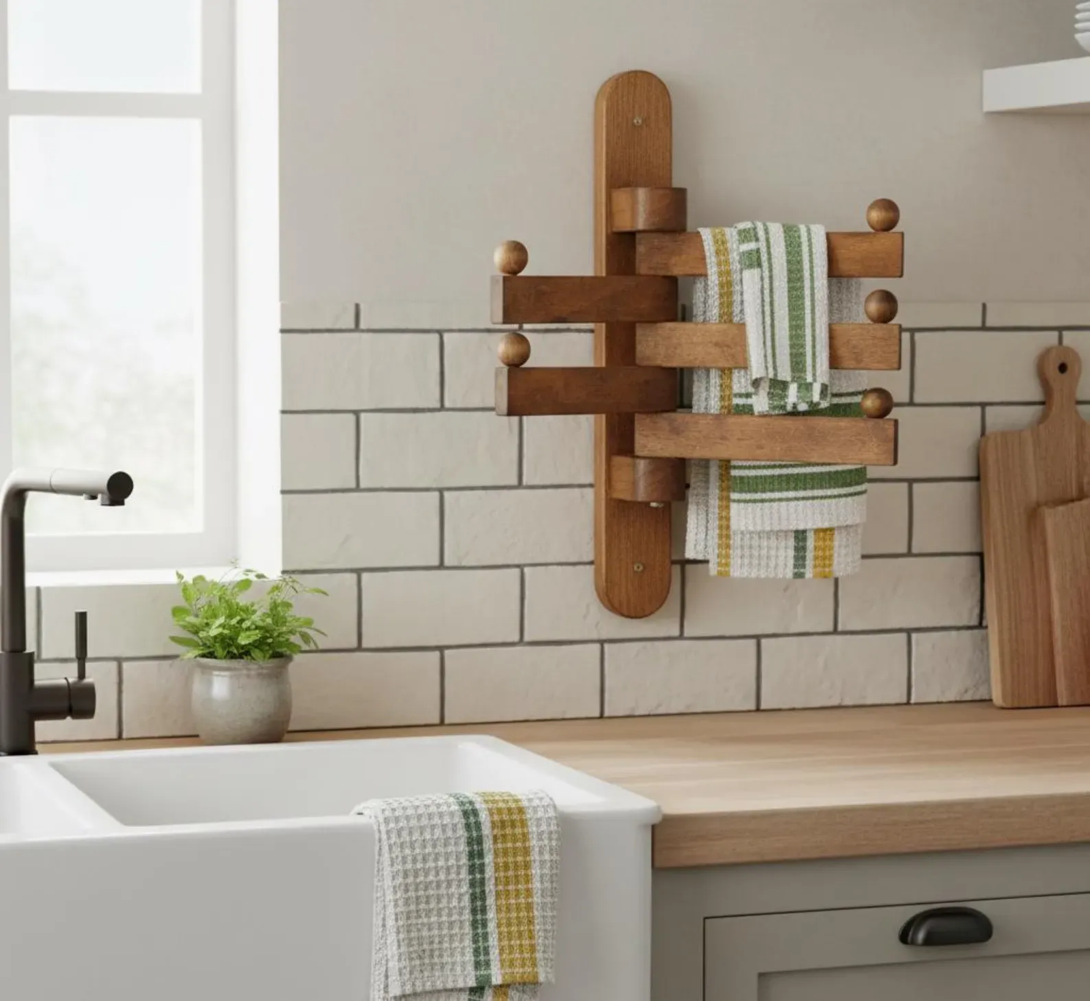 The wooden tone foldable towel rack for wall use made from wood helps organize towels with space saving design