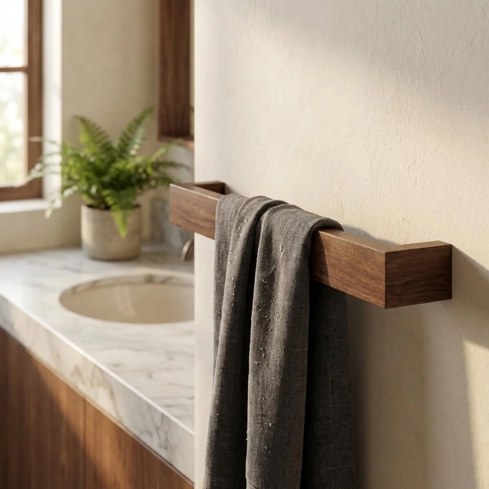 The wooden tone towel rack for wall use made from wood keeps towels organized with simple bathroom storage