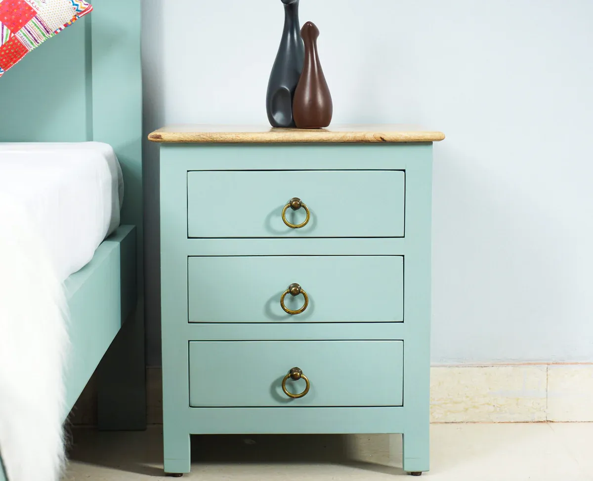 The Wooden Tone Bedside Table for Bedroom Use Made with Wood in Light Silt Green Color