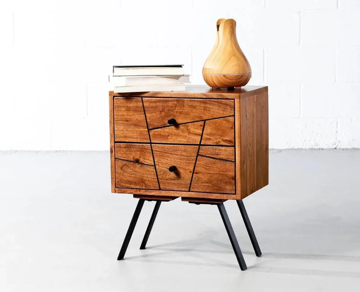 The Wooden Tone Bedside Table for Bedroom Use Made with Wood and Iron in Walnut and Black Light Color