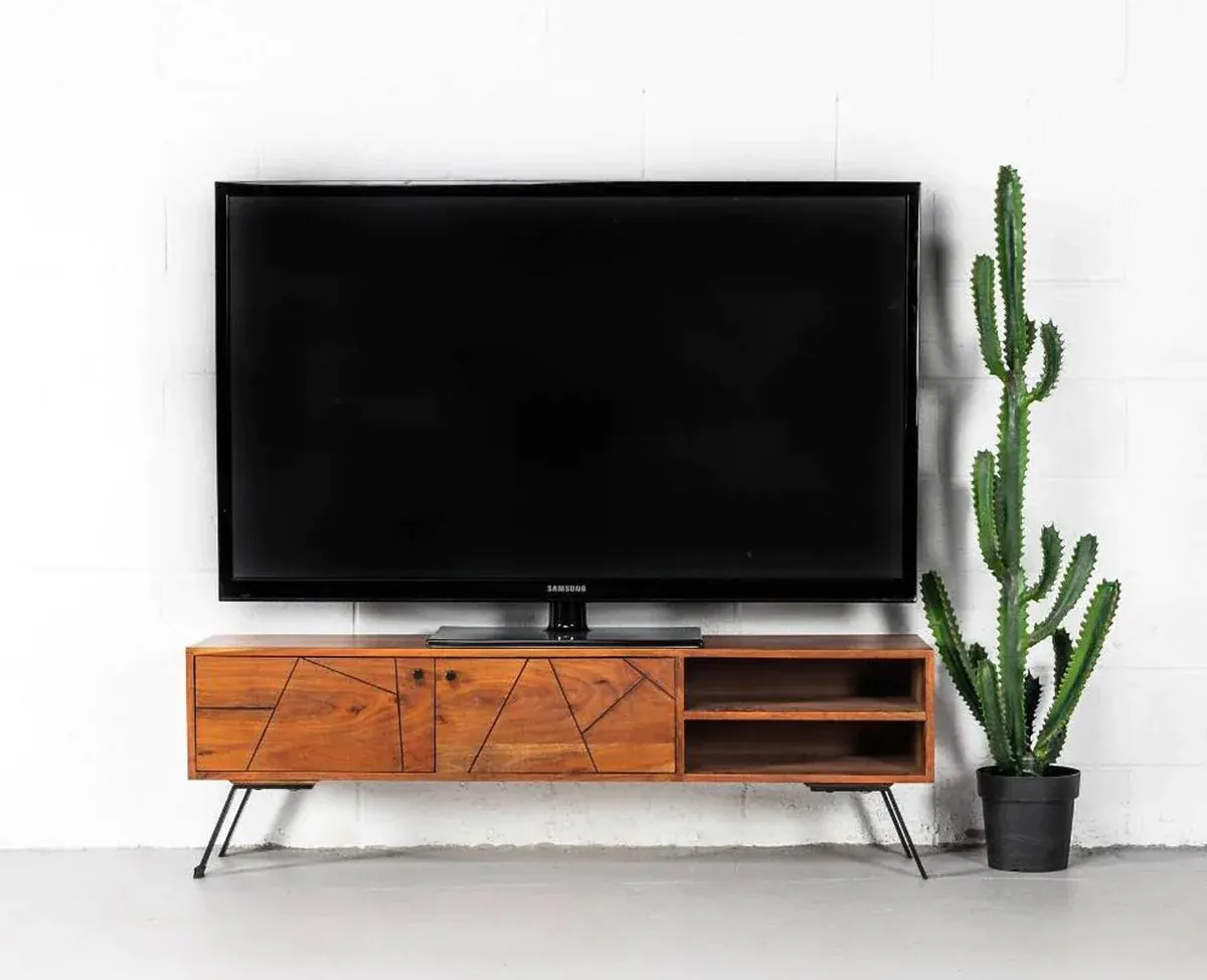 The Wooden Tone TV Cabinet with Two Doors for Living Room Use Made with Wood in Natural Finish Light Color