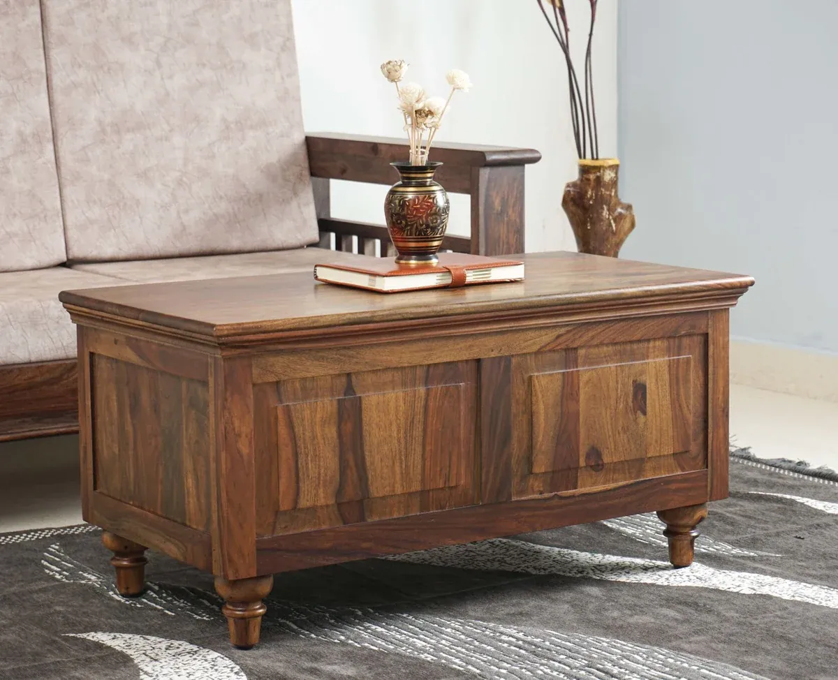 The Wooden Tone Solid Wood Trunk Box with Coffee Table for Living Room Use Made with Wood in Teak Finish Light Color