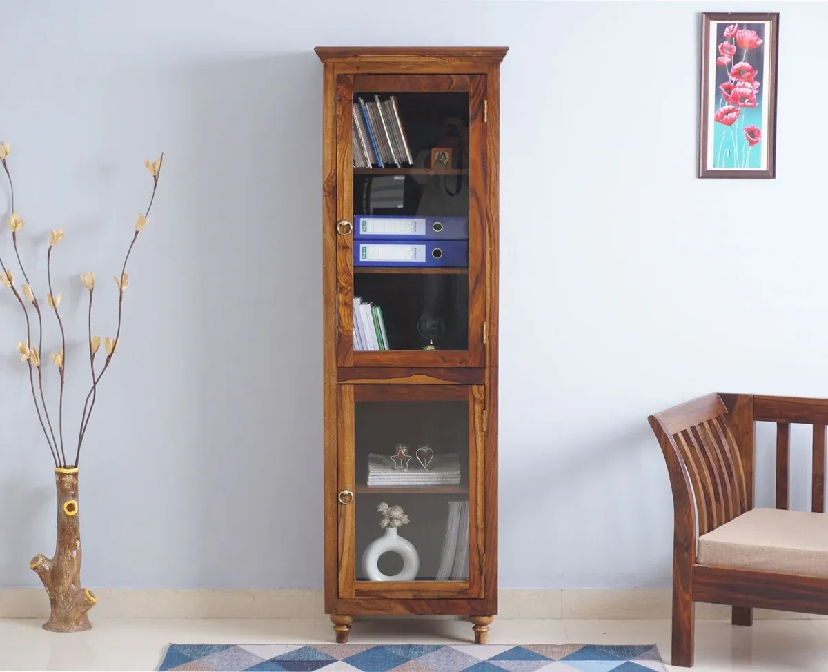 The Wooden Tone Glass Doors Book Case for Storage and Display Use Made with Wood in Teak Finish Light Color