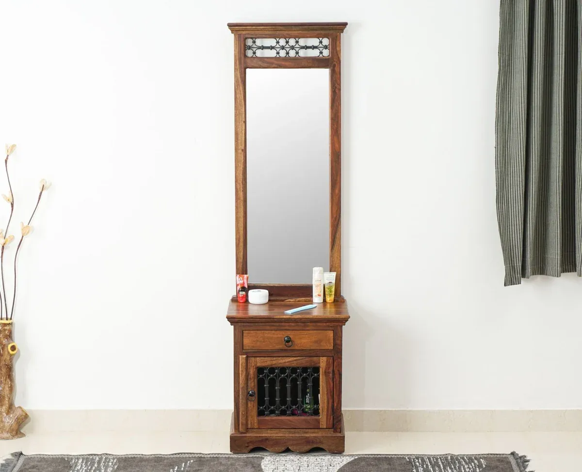 The Wooden Tone Wooden Dressing Table for Bedroom Use Made with Wood in Teak Finish Light Color