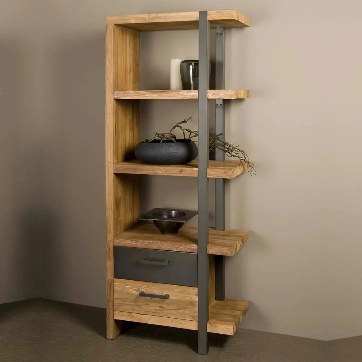 Wooden Wall Shelf Storage Unit with Drawers Natural Wood and Iron Frame Wall Organizer for Home Display Storage Use Durable Space Saving Shelf for Living Room Bedroom Kitchen Decor
