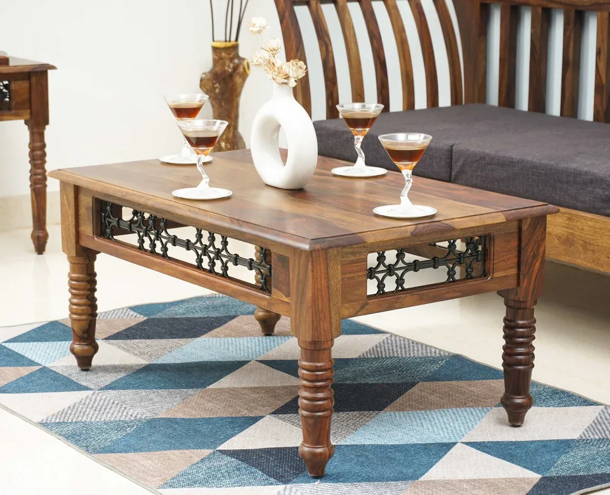 The Wooden Tone Wood Coffee Table for Living Room Use Made with Wood and Iron in Walnut Light Color