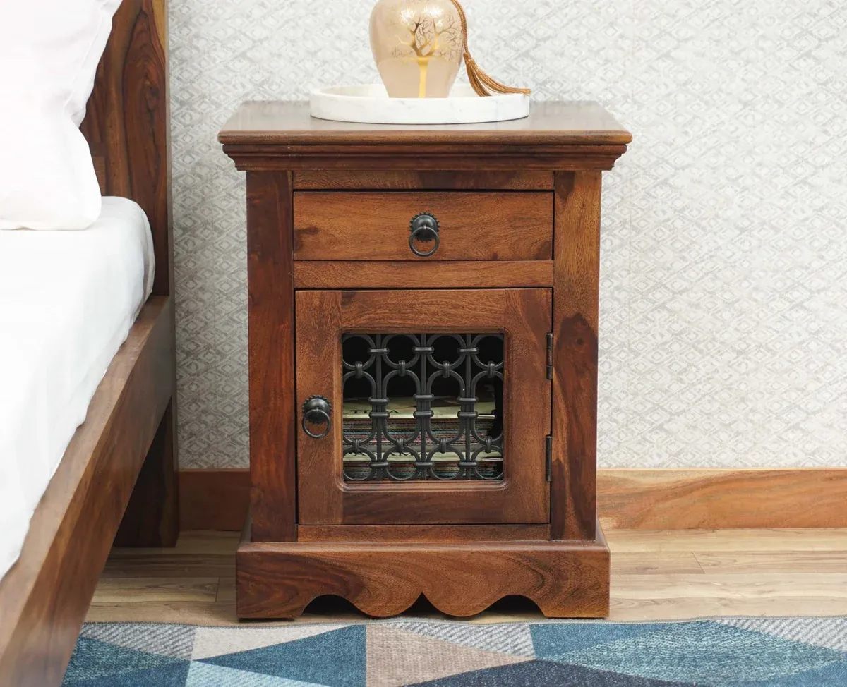 The Wooden Tone Bedside Table for Bedroom Use Made with Wood and Iron in Walnut Light Color