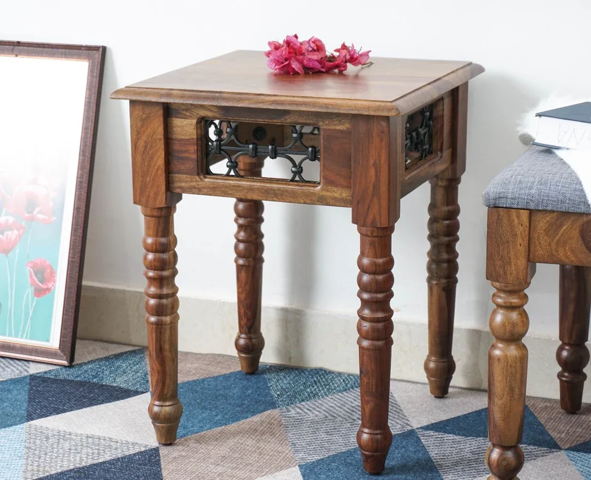 The Wooden Tone Wood Side Table for Living Room Use Made with Wood and Iron in Walnut and Black Light Color
