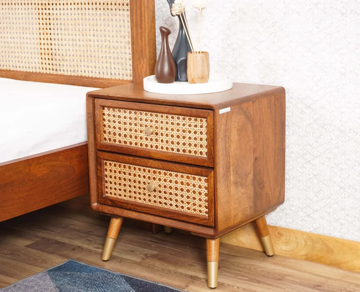 The Wooden Tone Wood Bedside Table for Bedroom Use Made with Wood and Cane in Walnut Light Color