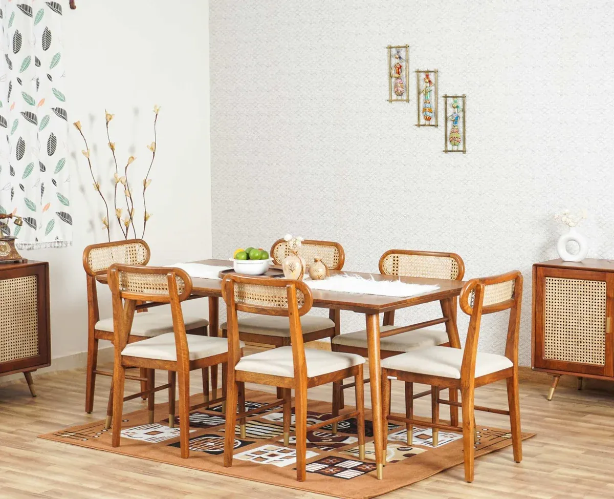 The Wooden Tone Dining Chairs Set for Dining Room Use Made with Wood and Cane in Walnut Light Color