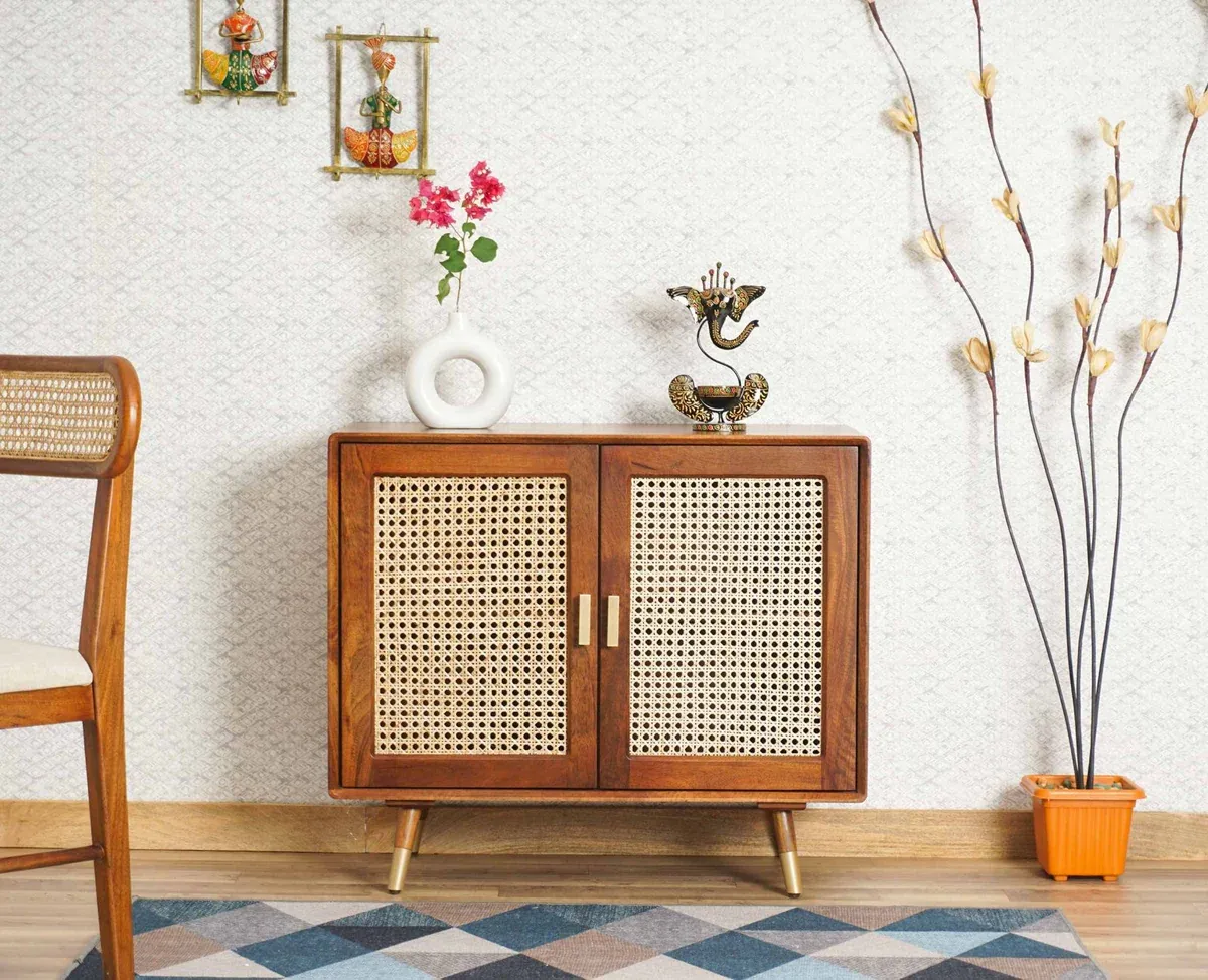 The Wooden Tone Sideboard Cabinet for Storage Use Made with Wood and Cane in Walnut Light Color