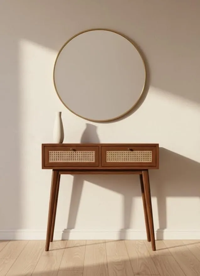 Wooden Bedside Table and Console Table with Drawers Storage Natural Wood and Cane Material for Bedroom Living Room Entryway Use Durable Side Table Organizer Stylish Home Furniture