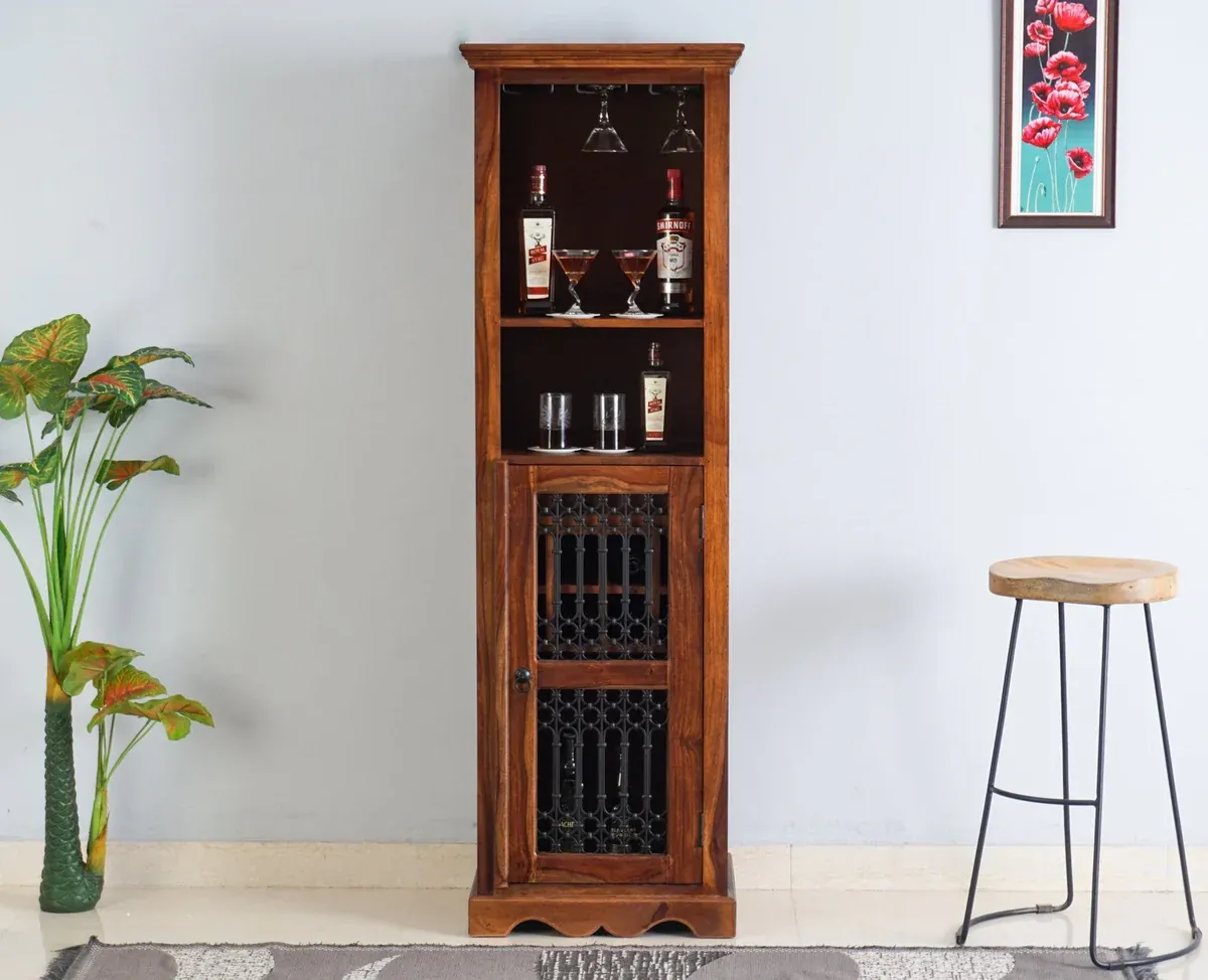 The Wooden Tone Wood Bar Unit for Storage and Serving Use Made with Wood and Iron in Walnut Light Color