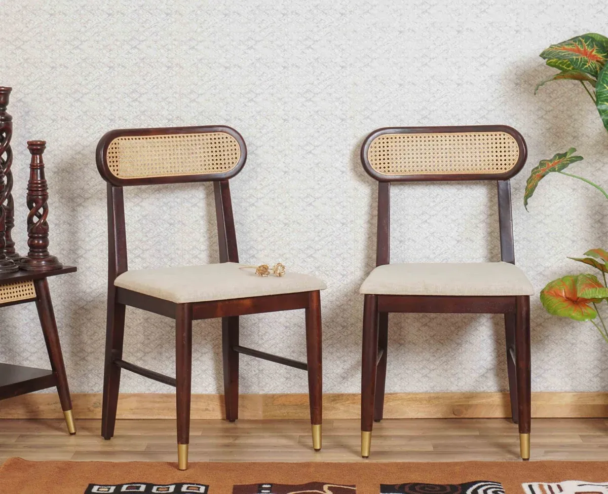The Wooden Tone Cane Chair Set of Two for Seating Use Made with Wood and Cane in Brown Light Color