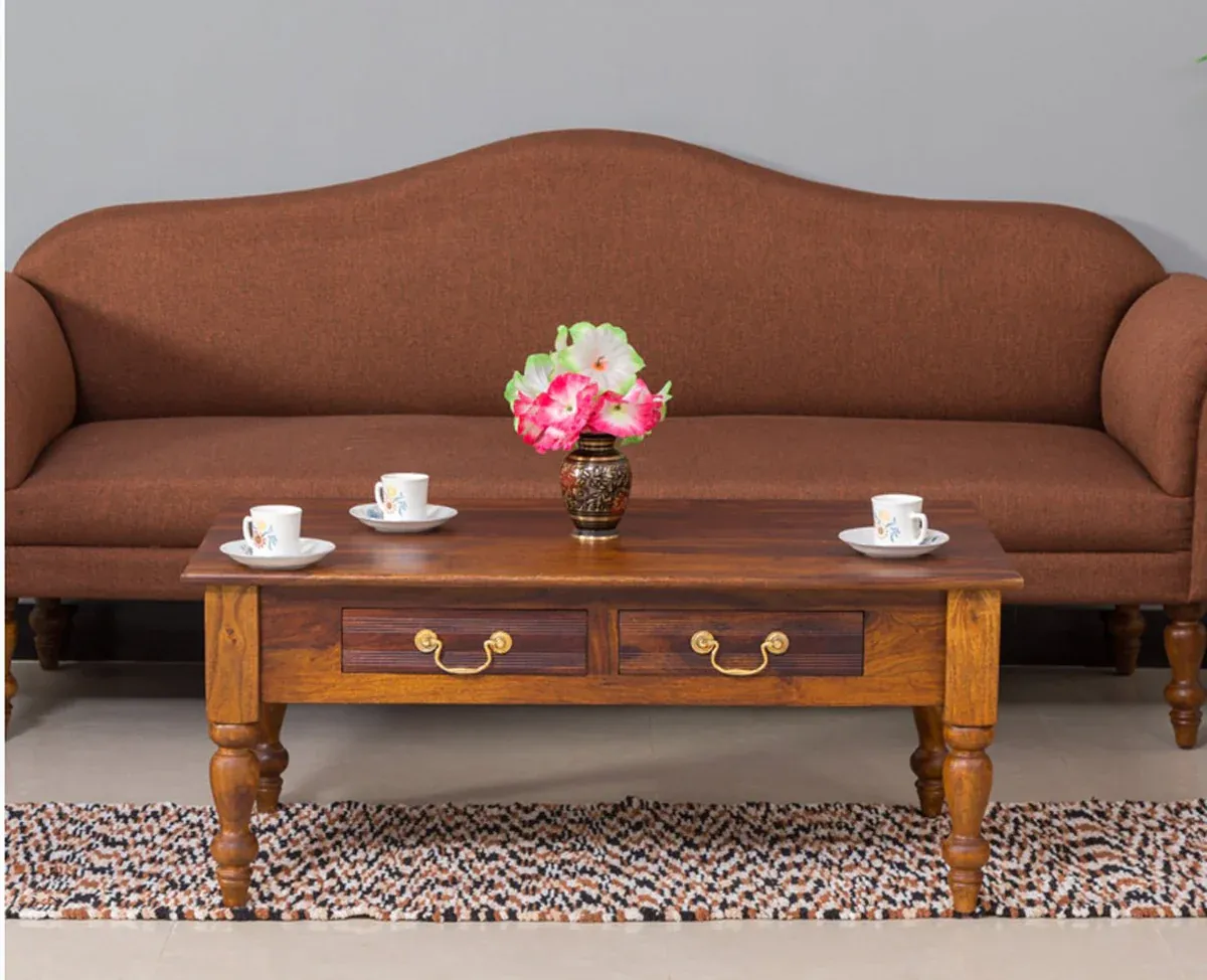 The Wooden Tone Wood Two Drawer Coffee Table for Living Room Use Made with Wood in Walnut Light Color