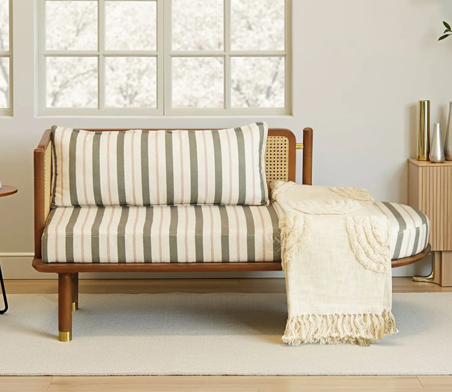 The Wooden Tone Wood Bench with Cane and Adjustable Back Cushioning for Seating Use Made with Wood and Cane in Brown Light Color
