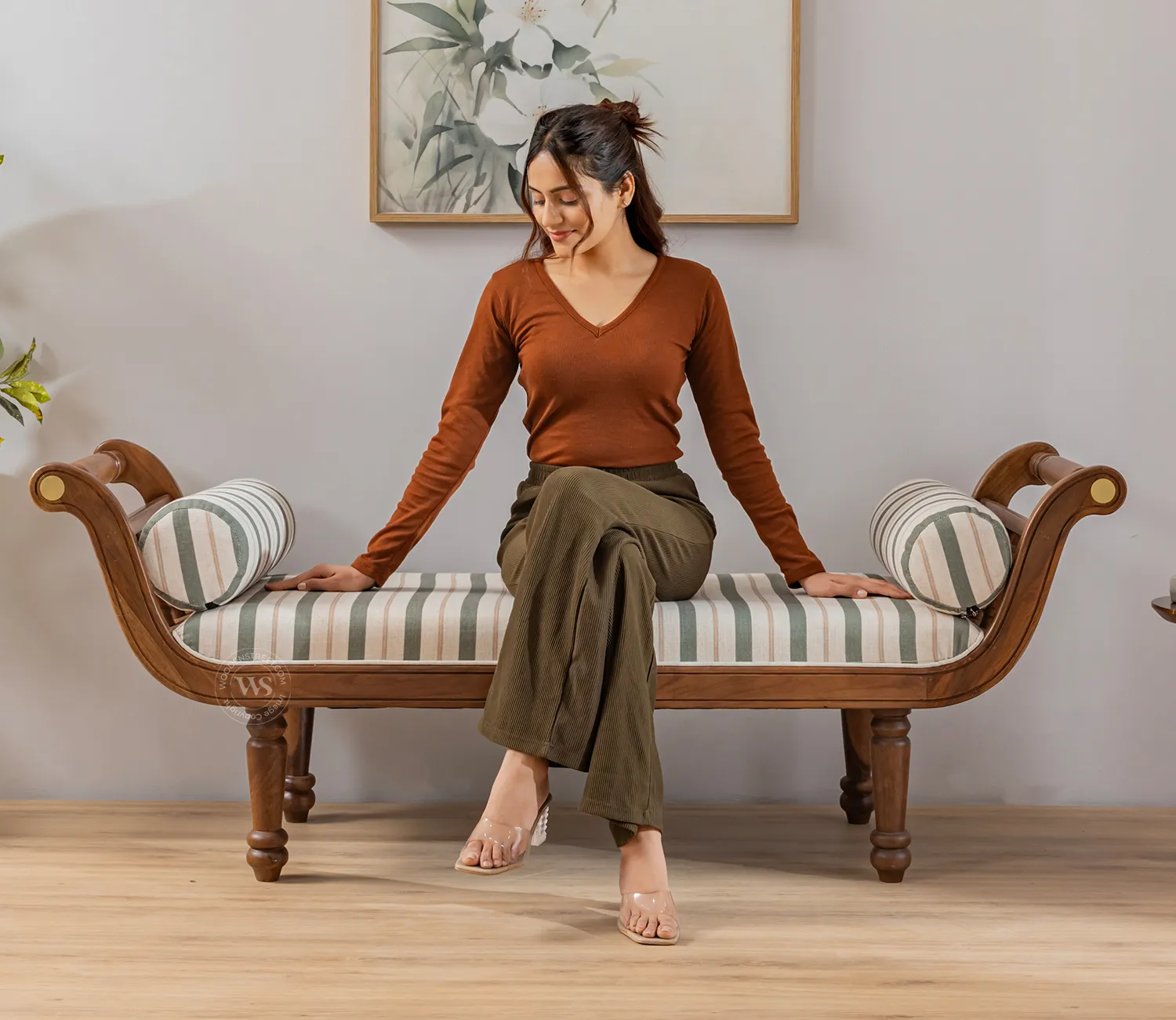 The Wooden Tone Wood Sofa Bench with Cushioned Seat for Seating Use Made with Wood and Cushion in Brown Light Color