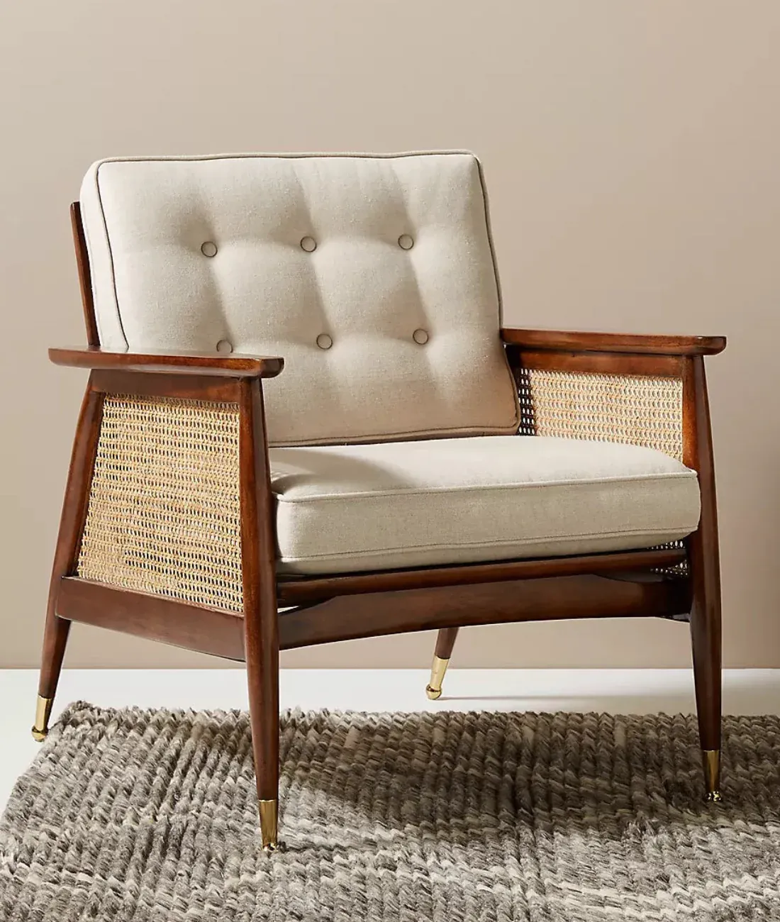 The Wooden Tone Armchairs with Cushioned Seat for Seating Use Made with Wood Cane and Cushion in Brown Light Color