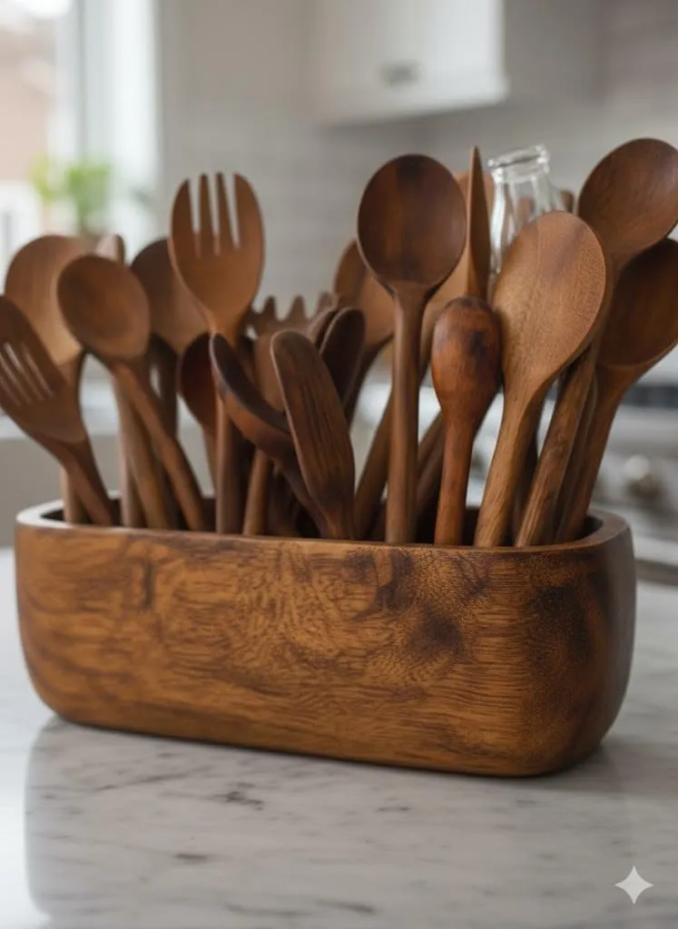 Wooden Cutlery Holder for Kitchen Utensil Storage Brown Wood Material Spoon Fork Organizer for Dining Table Kitchen Counter Durable Storage Stand for Daily Use Home Organization