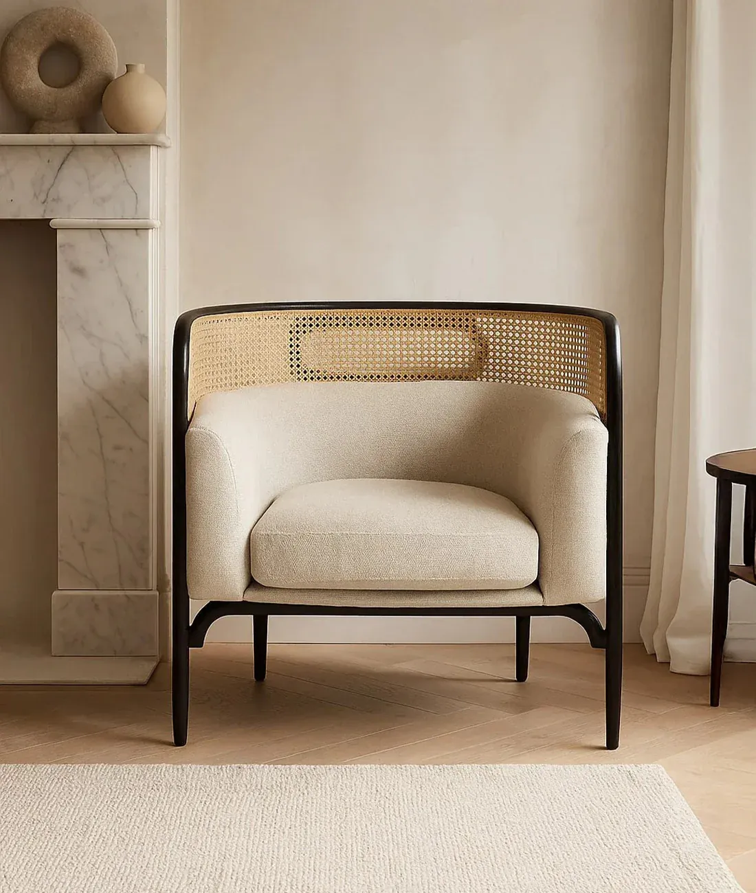 The Wooden Tone Armchairs for Living Room Seating Use Made with Wood Cane and Cushion in Black Light Color