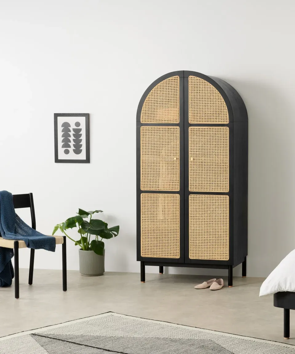 The Wooden Tone Solid Wood Wardrobe for Storage Use Made with Wood and Cane in Black Light Color