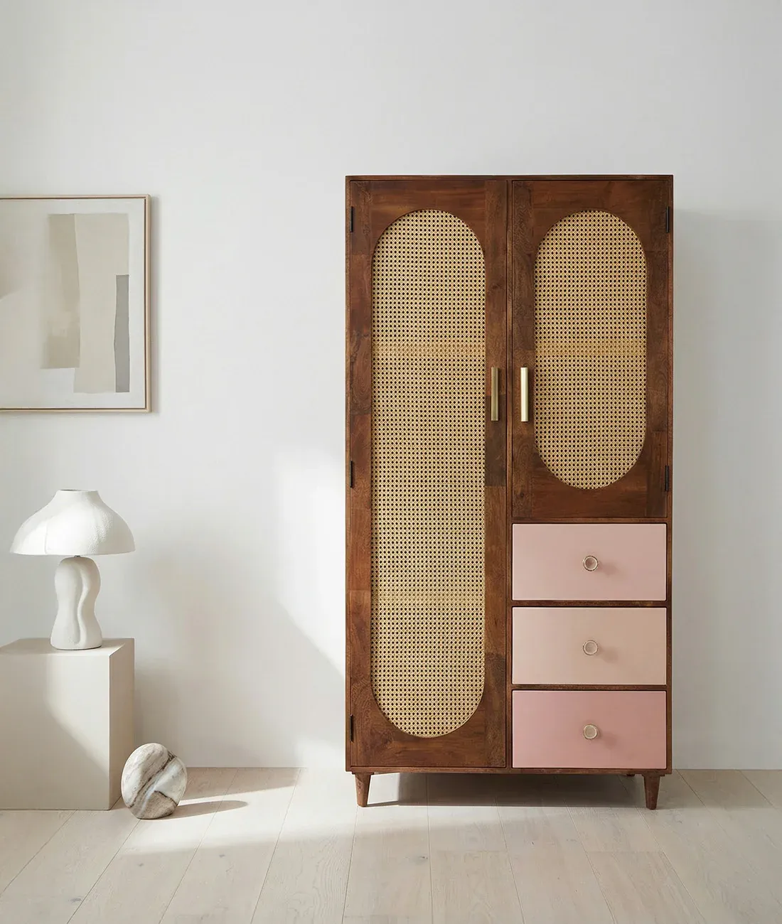 The Wooden Tone Solid Wood Wardrobe with Drawers for Storage Use Made with Wood and Cane in Walnut and Baby Pink Light Color