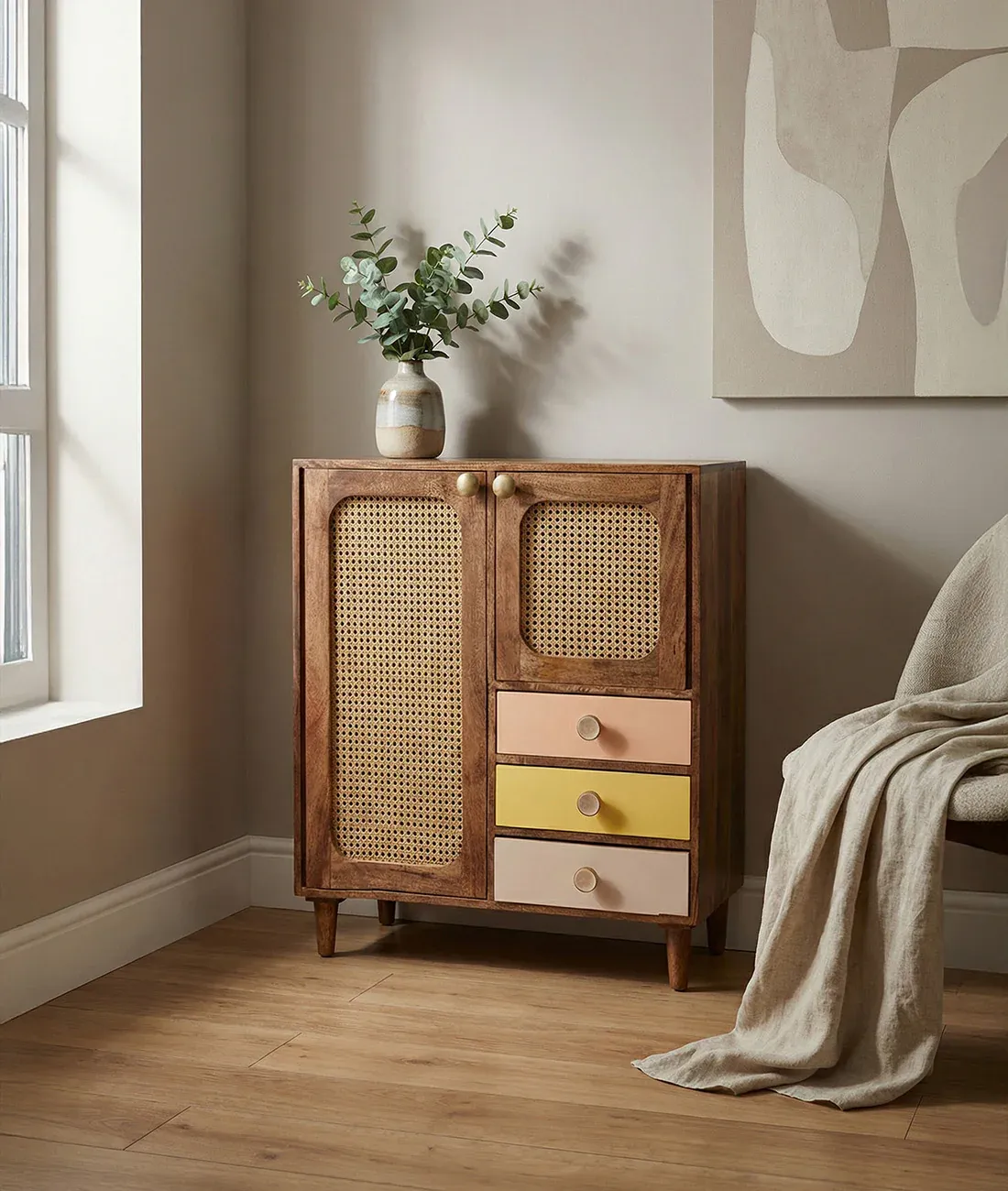 The Wooden Tone Mini Wardrobe Cum Cupboard for Storage Use Made with Wood and Cane in Walnut Light Color