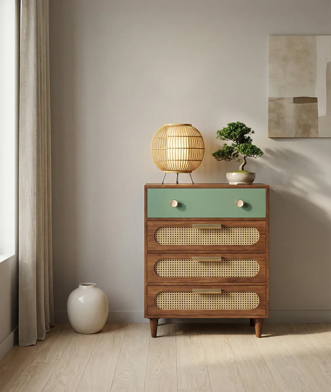 The Wooden Tone Solid Wood Small Chest of Drawer for Storage Use Made with Wood and Cane in Walnut Light Color