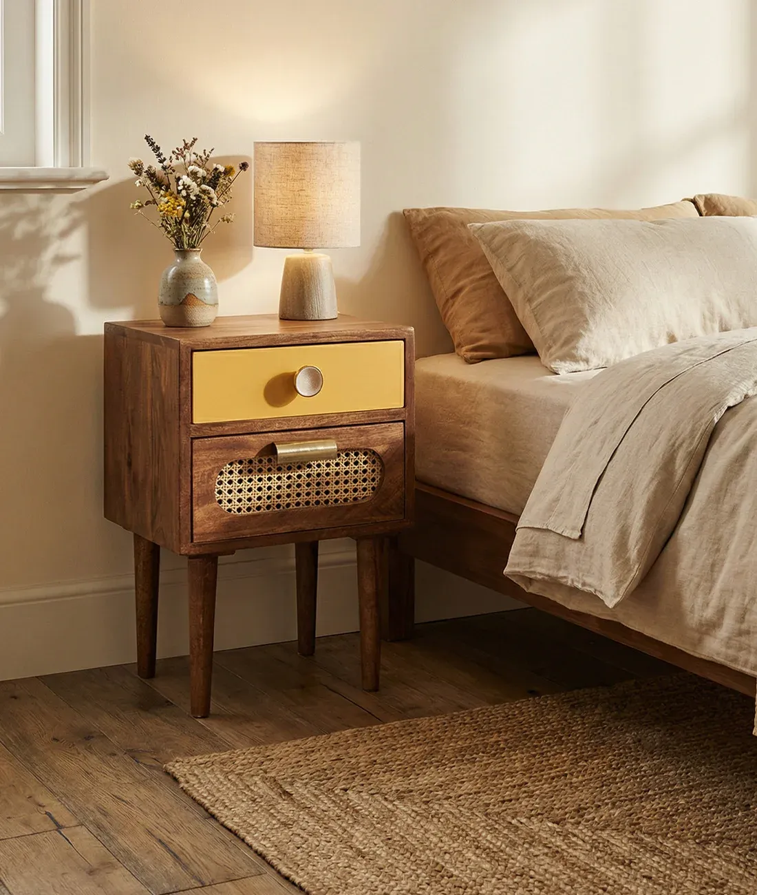 The Wooden Tone Wood Bedside Table with Foldable Legs for Bedroom Use Made with Wood and Cane in Walnut Light Color