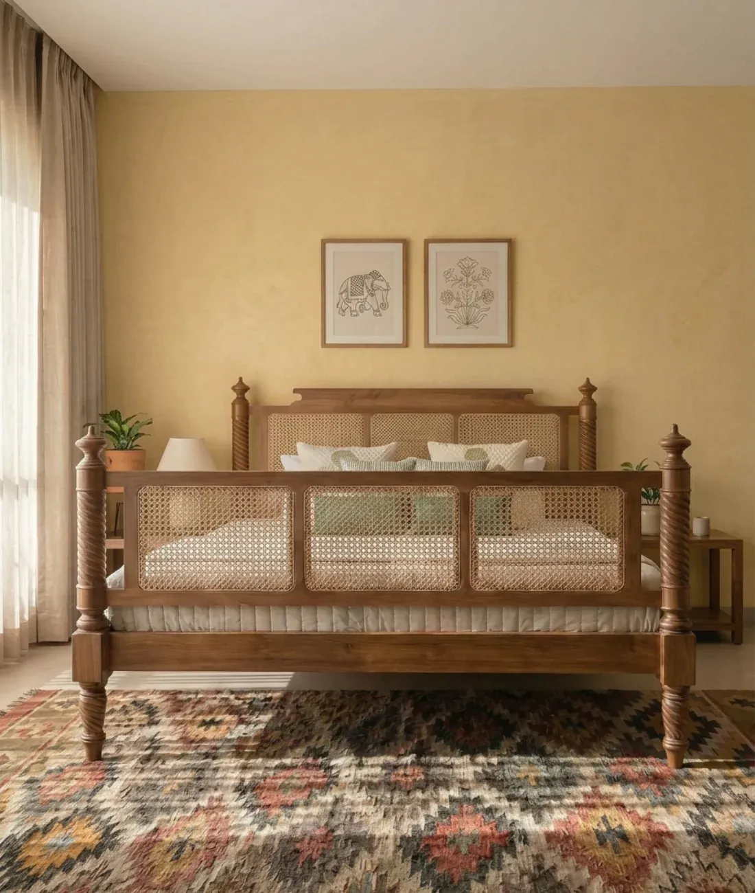 The Wooden Tone Tashi Poster Bed for Bedroom Use Made with Wood and Cane in Walnut Light Color